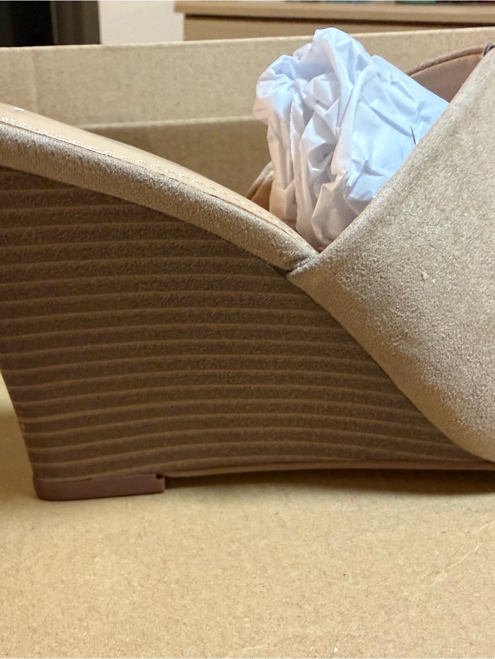 Suede Wedge Sandals in Beige - Women's Slip-On Wedges